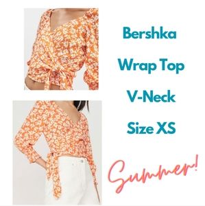 BERSHKA: Long Sleeve Orange & White Floral Wrap Top
